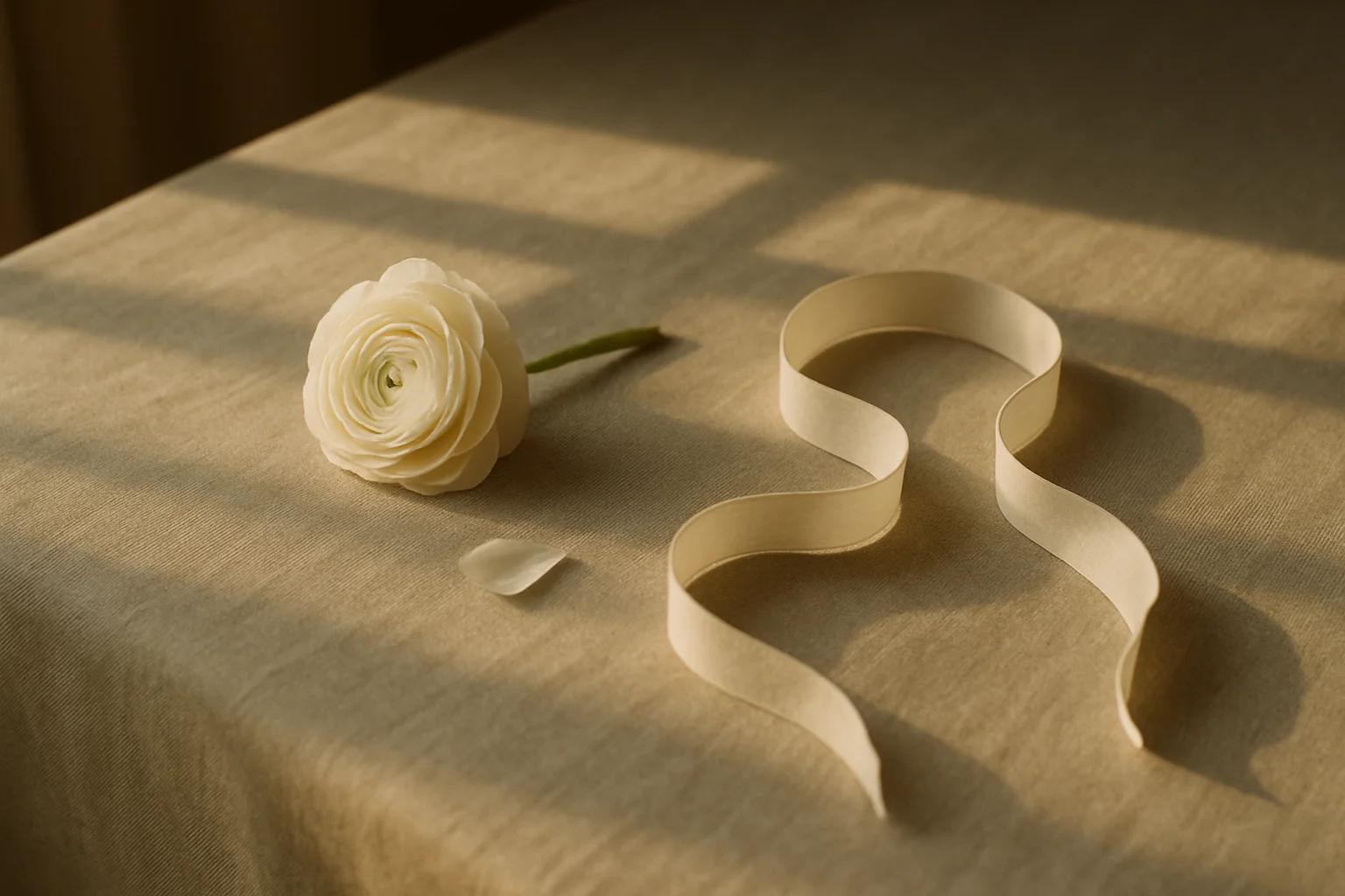 Cream-colored rose and a curled ribbon on linen in warm window light